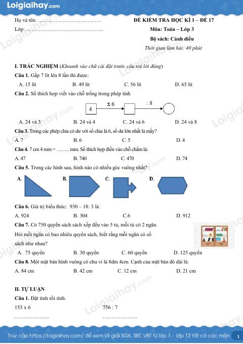 Đề kiểm tra học kì 1 Toán 3 Cánh diều - Đề số 17